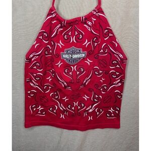 Y2k 2003 Harley-Davidson Red Paisley Halter Tank Top 100% Cotton Women's Size L